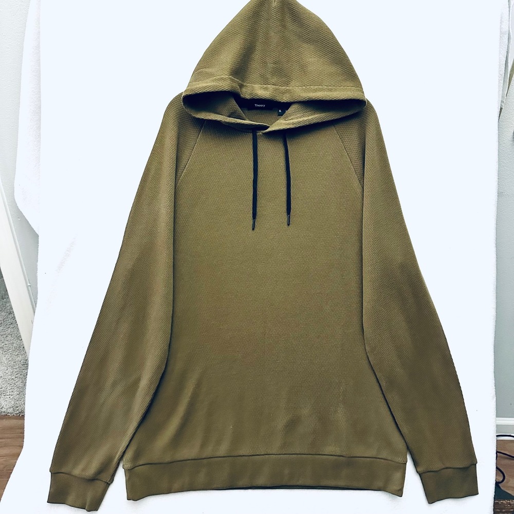 Theory Mens XL Otto Hoodie Organic Thermal Waffle Knit Pullover Olive Green